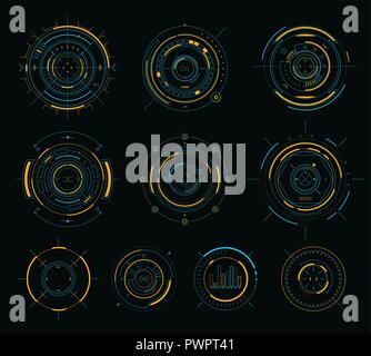 Vector sci-fi display circular elements, HUD futuristic user interface template for your design Stock Vector