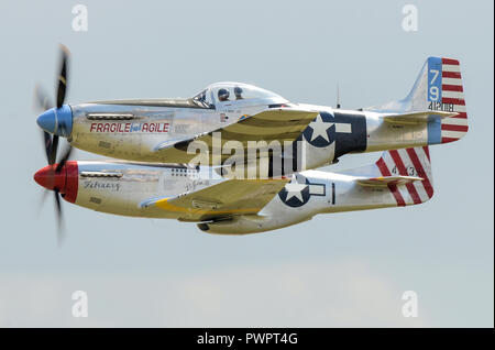 North American P-51 Mustang fighter planes flying at an airshow. Pair of P-51 Mustangs named Fragile but Agile and February. Plane. Airplane Stock Photo