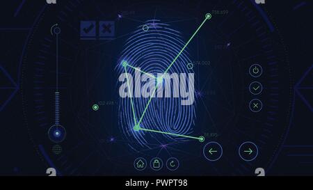 Fingerprint scanning identification system, futuristic sci-fi blue interface, biometric authorization technology for business presentation Stock Vector