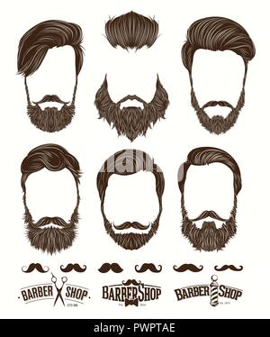 Hairstyle and beard hipster fashion, Barbershop Emblems set vector illustrations template for your design Stock Vector