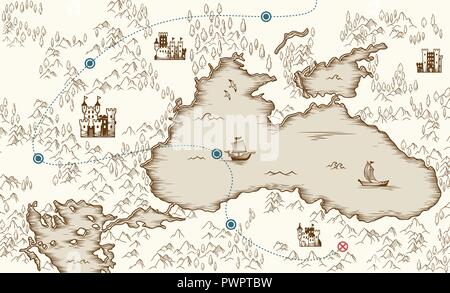 Medieval cartography, old pirate treasure map, vector illustration template for your design Stock Vector