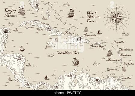 Old map of the Caribbean Sea, Vector illustration template for your design Stock Vector