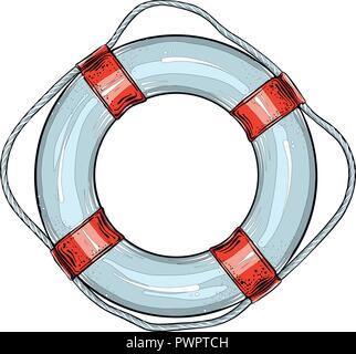 Hand drawn sketch of lifebuoy in red and blue color, isolated on white background. Detailed vintage style drawing. Vector illustration Stock Vector