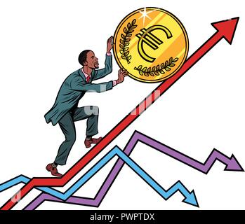 African American man roll a euro coin up. isolate on white background. Pop art retro vector illustration vintage kitsch Stock Vector