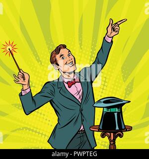 Magician, amazing performance. Circus performer. Trick Stock Vector