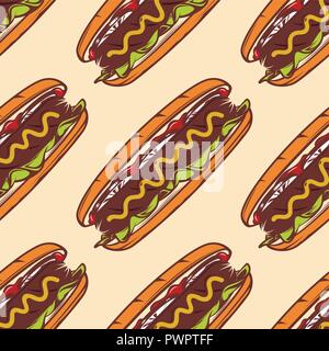 Colorful seamless pattern with hot dog, vector background for fast food template for your design Stock Vector