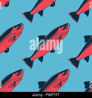 Seafood seamless pattern with pink salmon, vector illustration template for your design Stock Vector