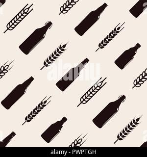 Seamless pattern of bottles of beer and wheat, ornamental rapport, vector illustration template for your design Stock Vector