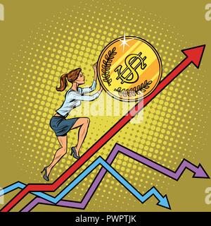 woman businesswoman roll a USA dollar coin up Stock Vector