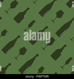 Vector seamless pattern with bottles of wine and wineglass on green background template for your design Stock Vector