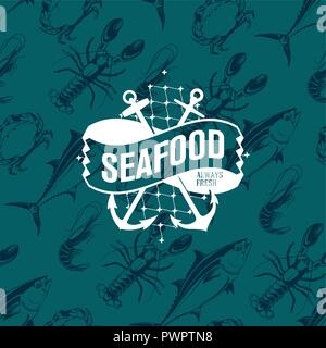 Seafood logo on seamless pattern with tuna, shrimp, crab and lobster, vector illustration template for your logo design Stock Vector