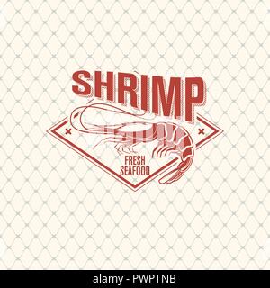 Shrimp logo on seamless pattern with fishing net, vector illustration template for your logo design Stock Vector