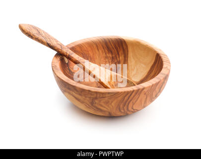 Wooden bowl and spoon. Olive wood isolated on white background. Stock Photo