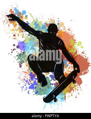 Skateboarder doing a jumping trick, low poly vector illustration. with stain. Stock Vector