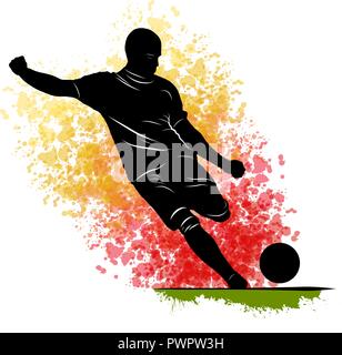 one caucasian soccer player man playing kicking in silhouette isolated on white background Stock Vector