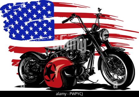 Hand drawn and inked vintage American chopper motorcycle with american flag Stock Vector
