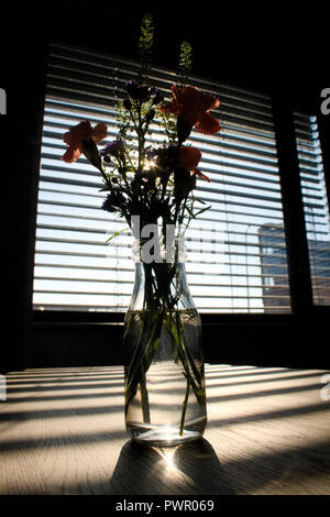 Softly focus of flowers in glass bottle full of water on wooden empty table with horizontal shadows on the table and stunning sunlight coming from a w Stock Photo
