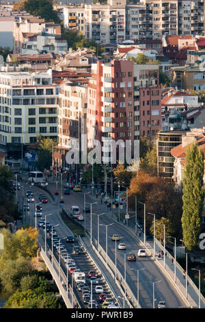 High angle view of traffic and buildings in Plovdiv, Bulgaria Stock Photo