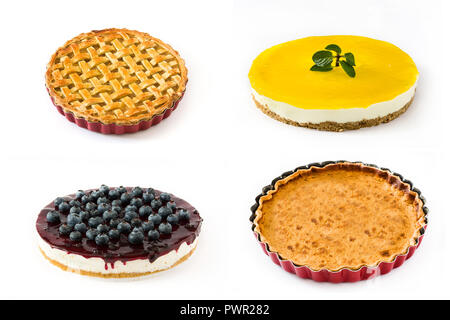 Pie and cake collage. Lemon pie, blueberry cheesecake, pumpkin pie and apple pie isolated on white background Stock Photo