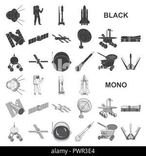 Space technology black icons in set collection for design.Spacecraft and equipment vector symbol stock  illustration. Stock Vector