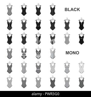 Different types of swimsuits black icons in set collection for design. Swimming accessories vector symbol stock  illustration. Stock Vector