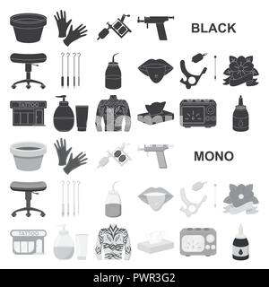 Tattoo, drawing on the body black icons in set collection for design. Tattoo salon and equipment vector symbol stock  illustration. Stock Vector