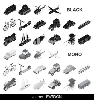 Different types of transport black icons in set collection for design. Car and ship isometric vector symbol stock  illustration. Stock Vector