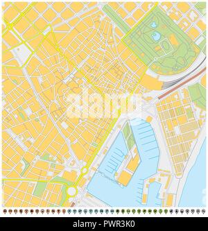 barcelona city map with pin pointers and infrastructure icons. Stock Vector