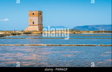 Nubia Tower at the Trapani salt flats. Sicily, southern Italy. Stock Photo