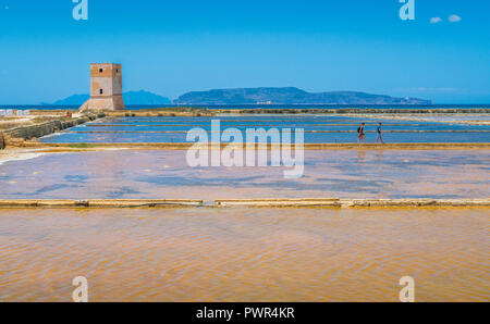 Nubia Tower at the Trapani salt flats. Sicily, southern Italy. Stock Photo