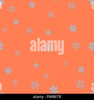 Blue snowflakes seamless pattern. Orange background. Vector illustration. Stock Vector
