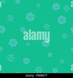 Blue snowflakes seamless pattern. Green background. Vector illustration. Stock Vector