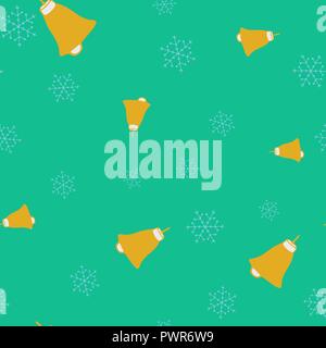 Golden bells and snowflake seamless pattern. Turquoise background. Vector illustration. Stock Vector