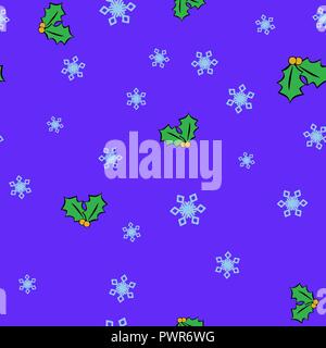 Christmas mistletoe and snowflake seamless pattern. Blue background. Vector illustration. Stock Vector
