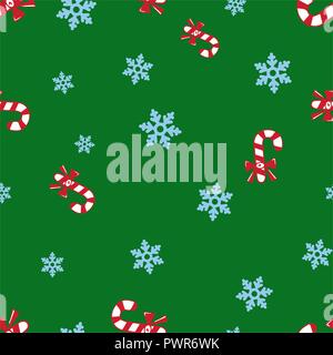 Christmas candy cane and snowflake seamless pattern. Green background. Vector illustration. Stock Vector