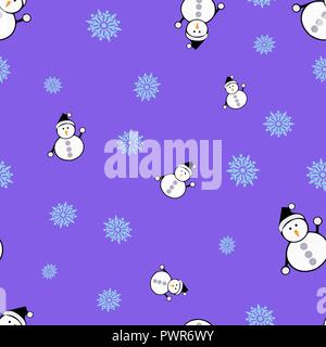 Snowmen and snowflake seamless pattern. Purple background. Vector illustration. Stock Vector