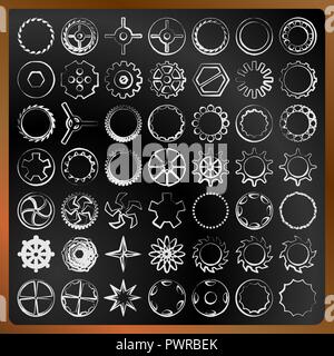 Abstract colorful illustration with rounded brown frame surrounded by gears Stock Vector