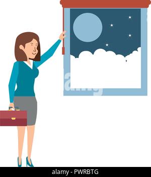 window with view of night and businesswoman vector illustration design Stock Vector