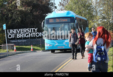 University of Brighton Shuttle Bus UB1 leaving the Falmer Campus. 16 October 2018. Stock Photo