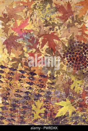 Watercolor abstract autumn background with oak and maple leaves Stock Photo