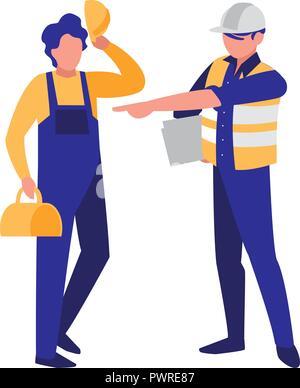 construction workers with tools over white background, colorful design. vector illustration Stock Vector