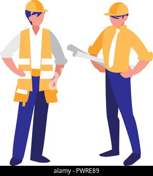 construction workers with tools over white background, colorful design. vector illustration Stock Vector