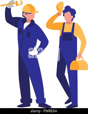 construction workers with tools over white background, colorful design. vector illustration Stock Vector