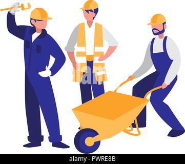 construction workers with tools over white background, colorful design. vector illustration Stock Vector