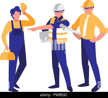construction workers with tools over white background, colorful design. vector illustration Stock Vector