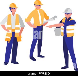 construction workers with tools over white background, colorful design. vector illustration Stock Vector