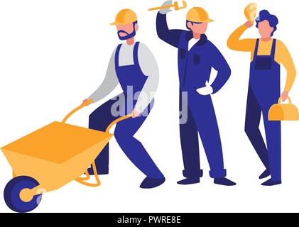 construction workers with tools over white background, colorful design. vector illustration Stock Vector