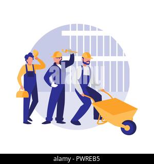 construction workers with tools over white background, colorful design. vector illustration Stock Vector
