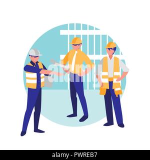 construction workers with tools over white background, colorful design. vector illustration Stock Vector