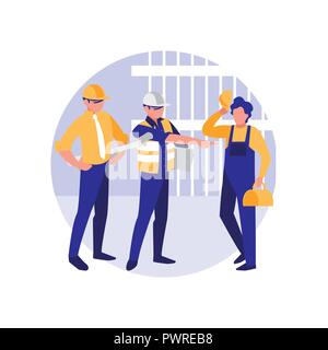 construction workers with tools over white background, colorful design. vector illustration Stock Vector